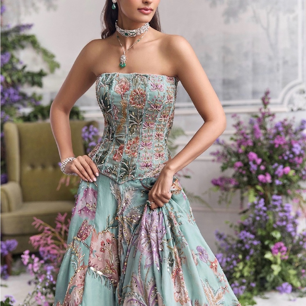 Elegant Lavender and Teal Embroidered Corset Wedding Lehenga from Mahima Mahajan - Picture 2 of 5